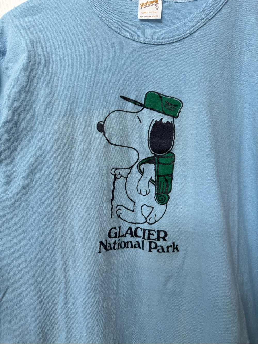 Vintage Glacier National Park Snoopy T-Shirt - Light Blue, women’s XL